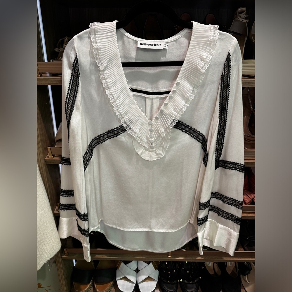Self Portrait ruffle organza silk black and white blouse